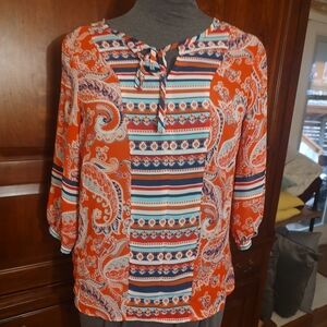 new directions Orange Paisley & Striped Tie-Neck Blouse